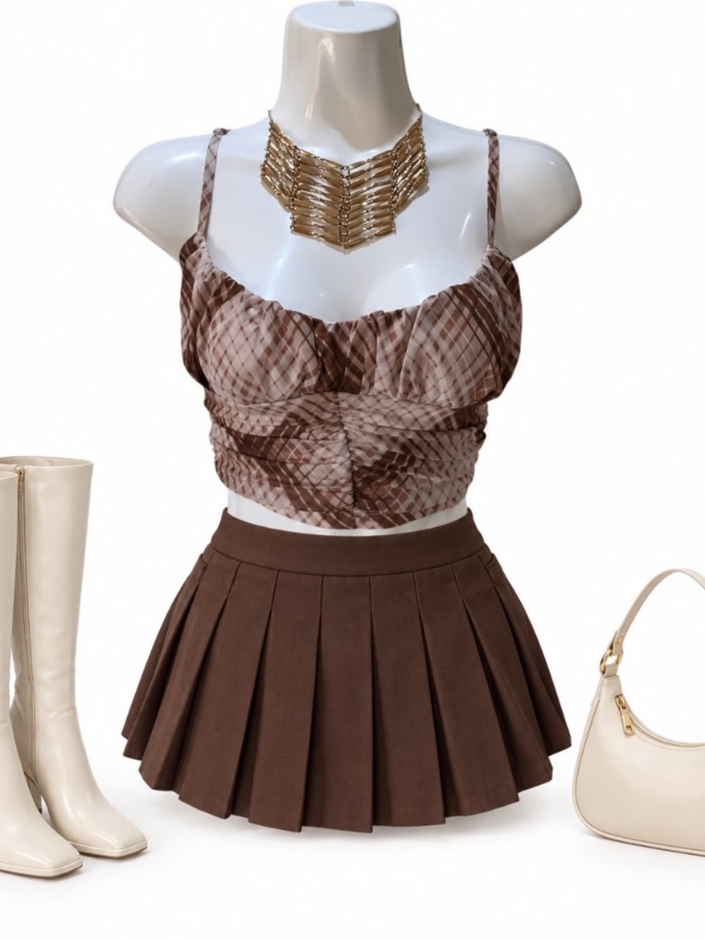 Princess Polly Brown Plaid Ruched Crop Top Size 8